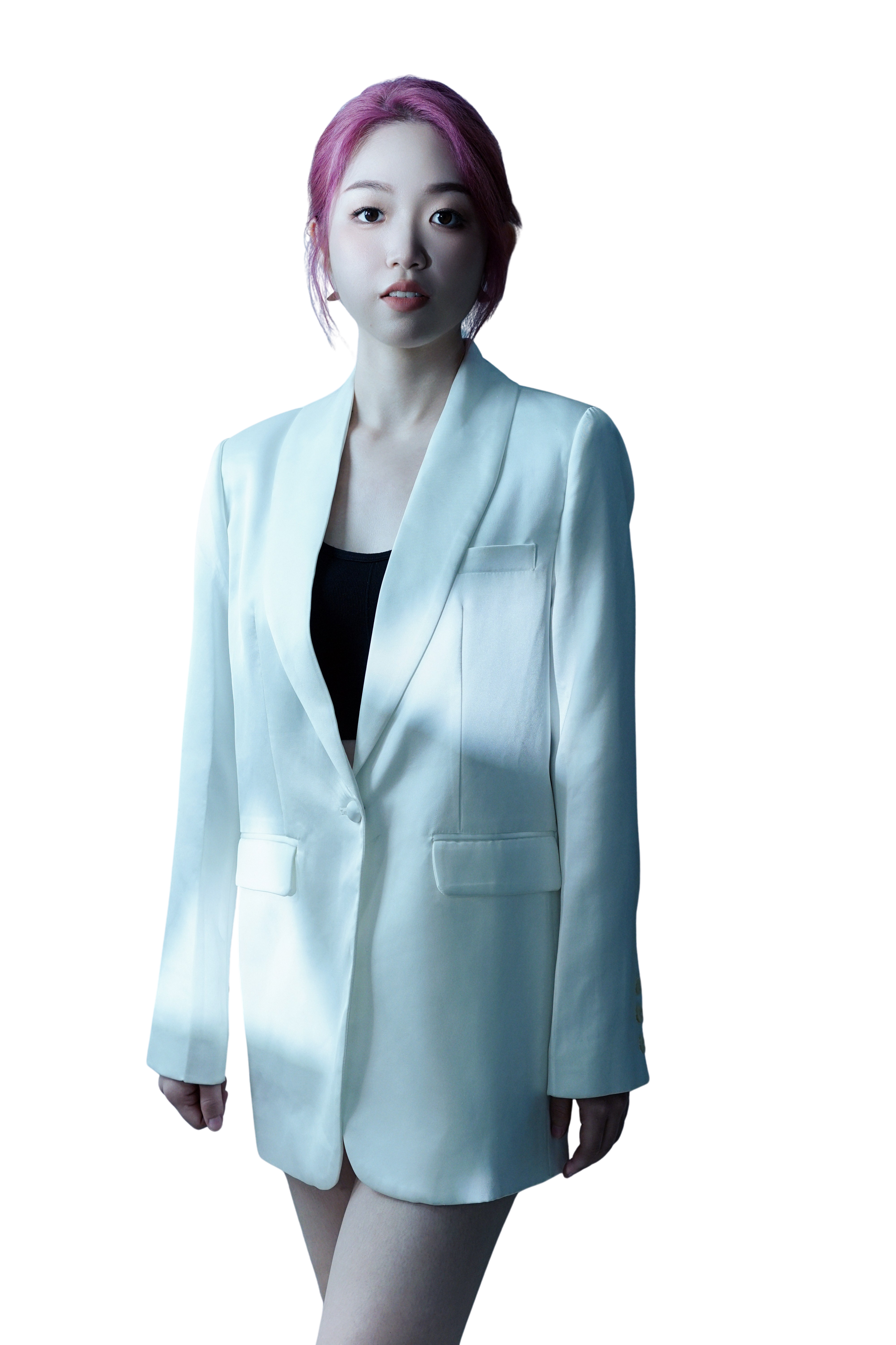 Female professional speaker in white suit